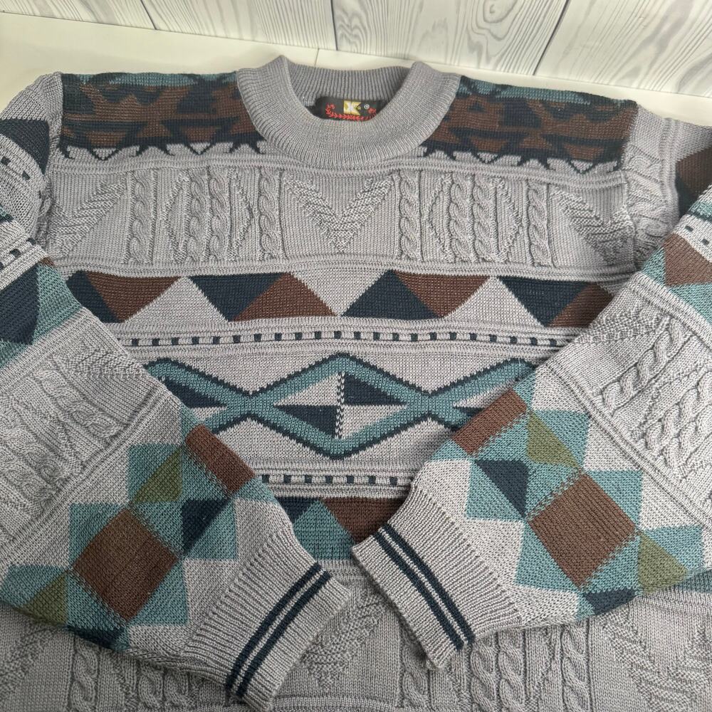 Vintage 1990s Geometric Pure Wool Gray Sweater Size Medium (115) Retro Grunge